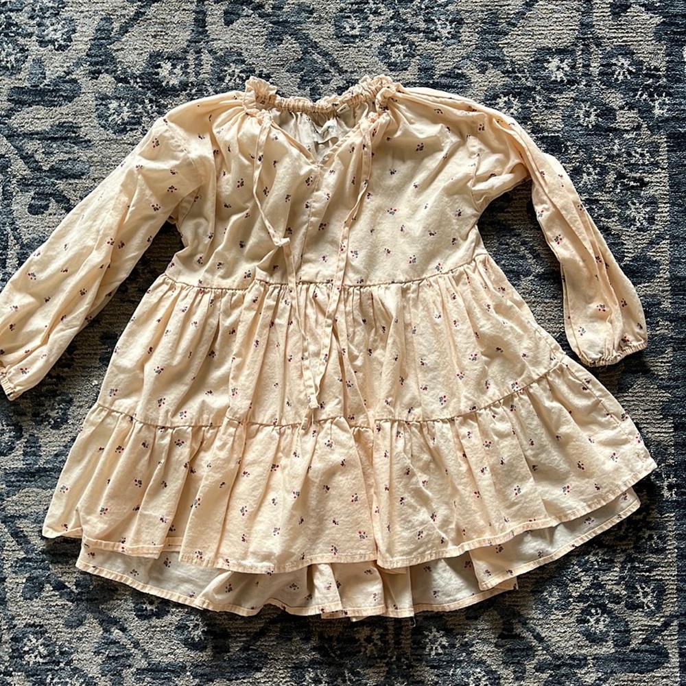 Girls Cream Floral Tiered Long-Sleeve Dress